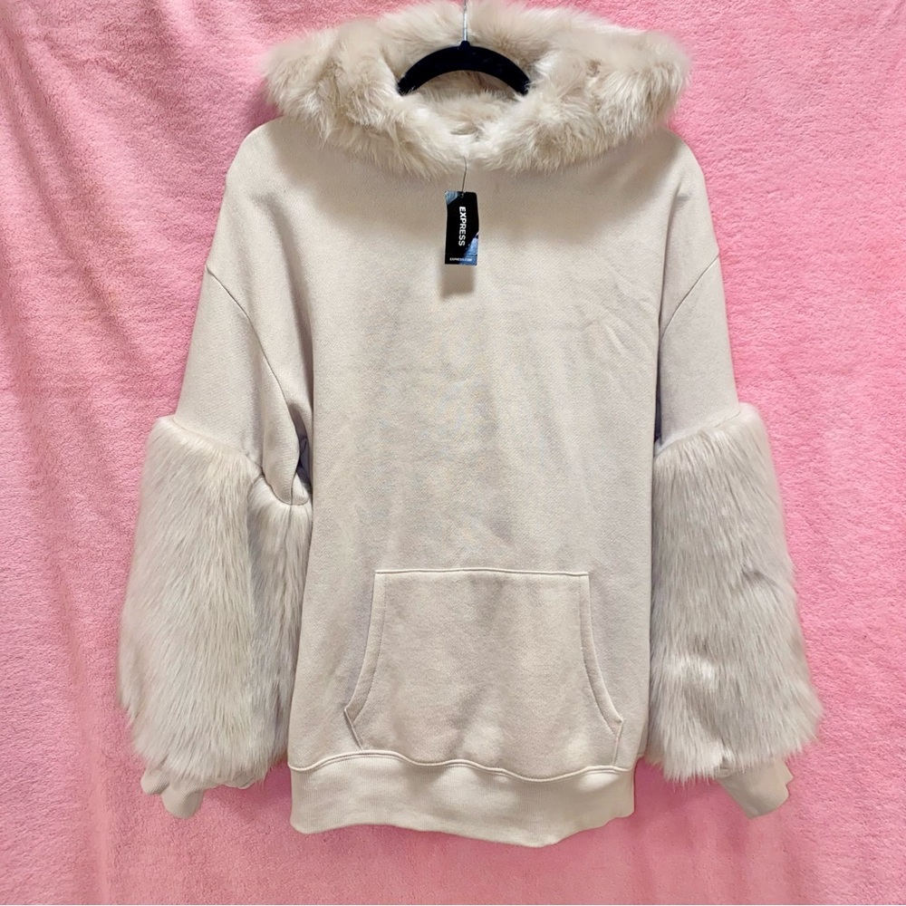 Express White Faux Fur Trim Sleeves Hoodie Sweatshirt Small Furry Christmas Gift - Picture 1 of 15